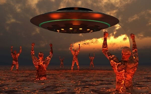 Men born of molton lava from the core of the Earth, hail an arriving UFO