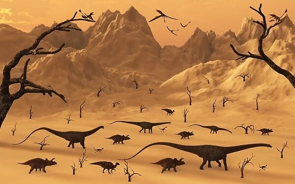 A mixed herd of dinosaurs migrate to greener pastures