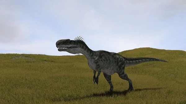 Monolophosaurus walking across a grassy field