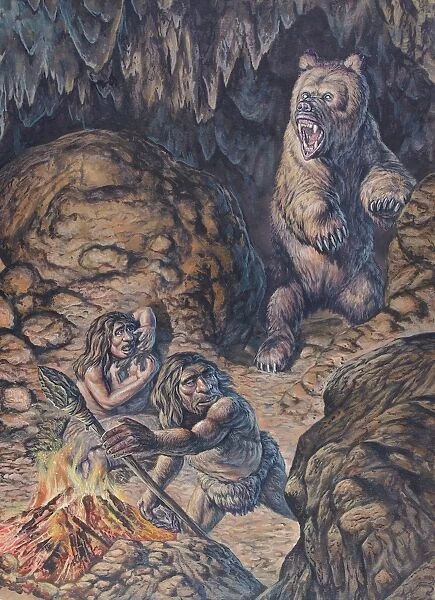Neanderthal humans confronted by a cave bear