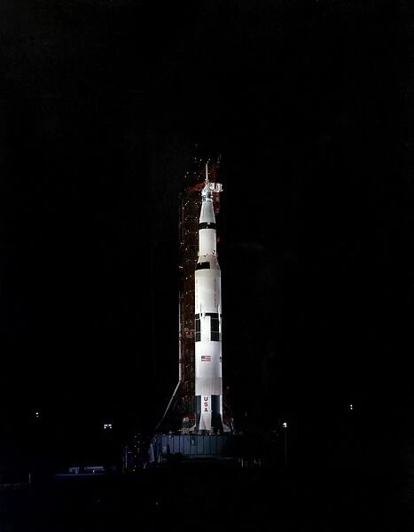 Nighttime view of the Apollo 10 space vehicle on its launch pad