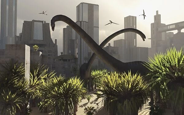 Omeisaurus sauropods explore a mysterious city which has shifted in time