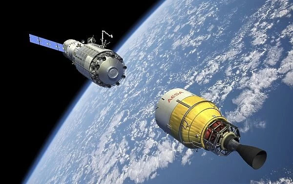 An orbital maintenance platform approaches an orbiting booster in low Earth orbit