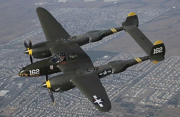 P-38 Lightning flying over Chino, California