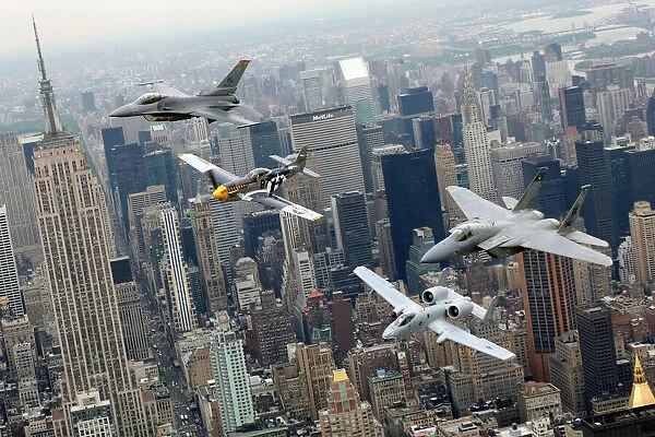 A P-51 Mustang, an F-16 Fighting Falcon, an F-15 Eagle, and an A-10 Thunderbolt II