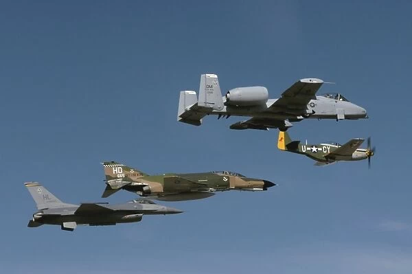 A P-51 Mustang, an F-4 Phantom, an A-10 Thunderbolt and an F-16 Fighting Falcon in