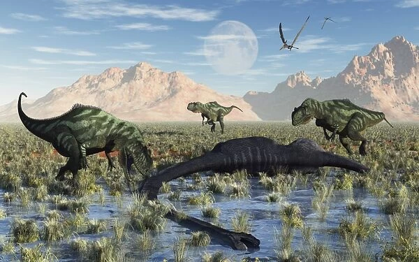 A pack of carnivorous Yangchuanosarurs make a meal of a dead Omeisaurus