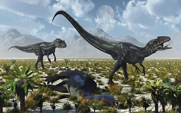 A pair of Allosaurus dinosaurs kill a Camptosaurus dinosaur