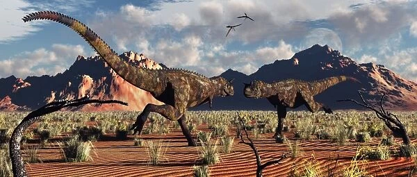 A pair of Carnotaurus dinosaurs in a territorial dispute