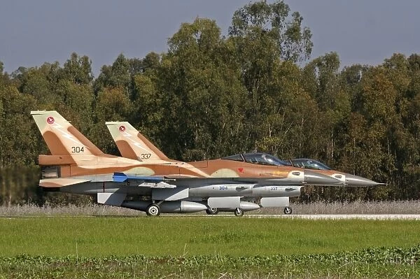 A pair of F-16C Barak of the Israeli Air Force on the runway