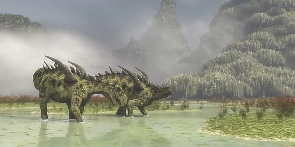 A pair of Gigantspinosaurus dinosaurs roaming in the wetlands of China