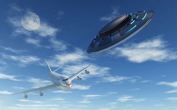 A pair of silver metallic disc shaped UFOs buzzing a Boeing 747 commerical airliner