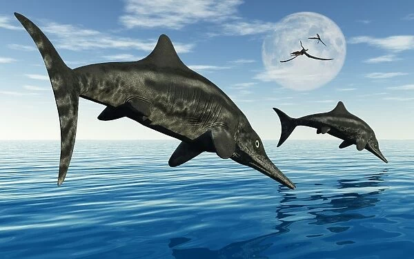 A pair of Stenopterygius ichthyosaurs jumping out of the water