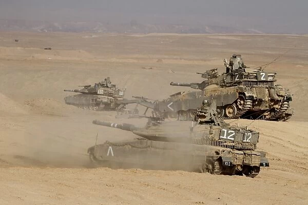 A platoon of Israel Defense Force Merkava Mark IV main battle tanks