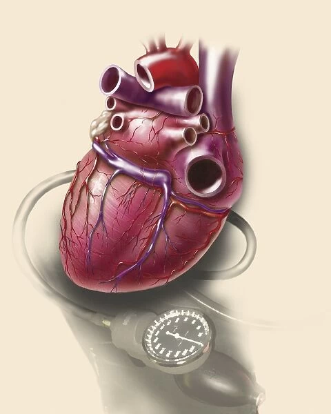 Posterior view of human heart on photo of blood pressure cuff