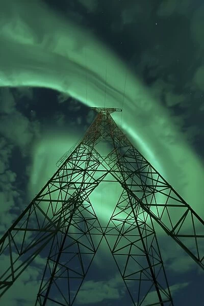 Powerlines and aurora borealis, Tjeldsundet, Norway