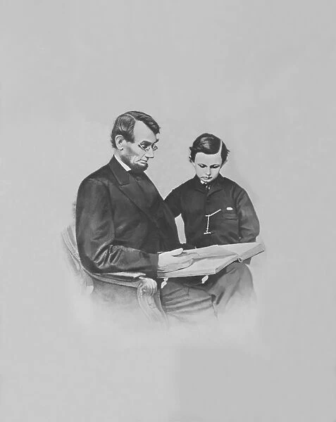 President Abraham Lincoln and his son Tad Lincoln looking at a book