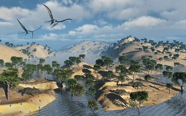 Quetzalcoatlus pterosaurs flying over a Cretaceous landscape