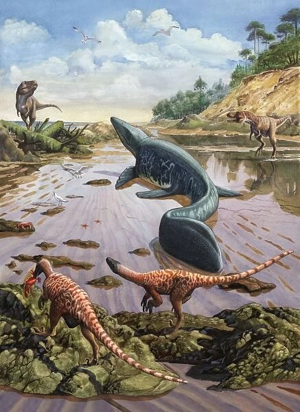 Raptors attack a vulnerable Mosasaurus that remained aground at low tide