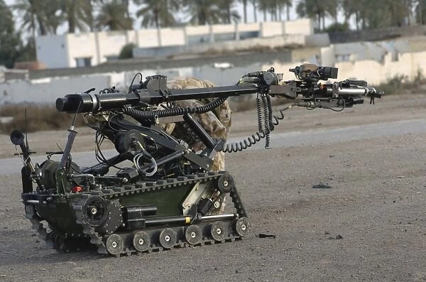 A remote controlled vehicle used to inspect improvised explosive devices
