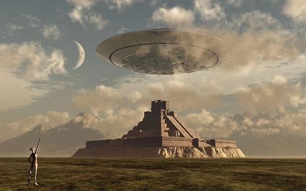 A reptoid greets an incoming flying saucer above a pyramid