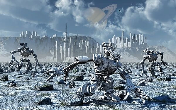 Robots gathering rich mineral deposits from the surface of an alien moon