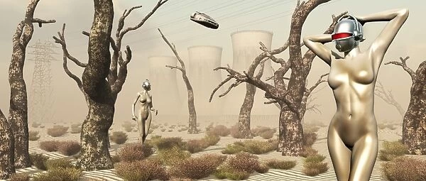 Robots walking about a landscape destroyed by pollution