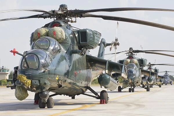 Row of Azerbaijan Air Force Mi-35 helicopters