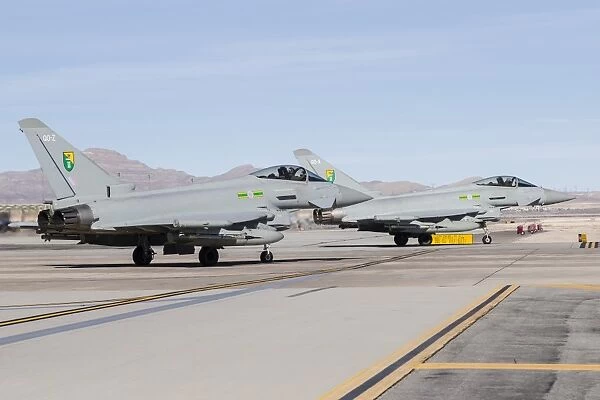 Two Royal Air Force Typhoon fighters at Nellis Air Force Base, Nevada