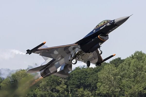 A Royal Netherlands Air Force F-16AM takes off at RAF Fairford, England