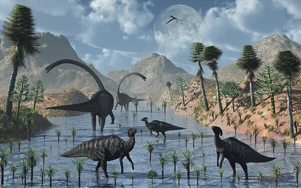 Sauropod and duckbill dinosaurs feed peacefully together
