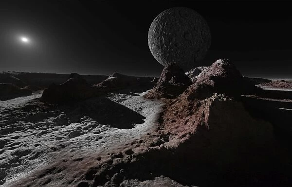 A scene on Pluto with Charon, its giant moon