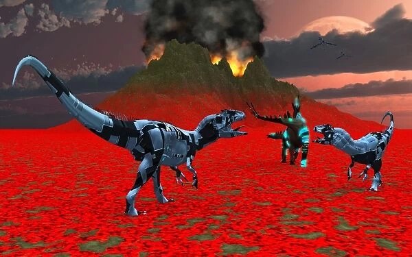 Sci-fi scene of a pair of Allosaurus dinobots tracking down a lone Steogsuaurs