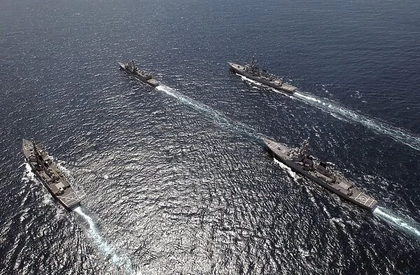 Ships assemble in formation off the coast of San Diego, California