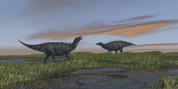 Shuangmiaosaurus dinosaurs walking through wetlands