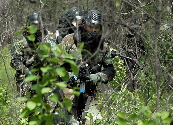 Soldiers walking through brush during training