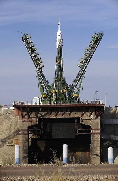 The Soyuz TMA-13 spacecraft arrives at the launch pad at the Baikonur Cosmodrome