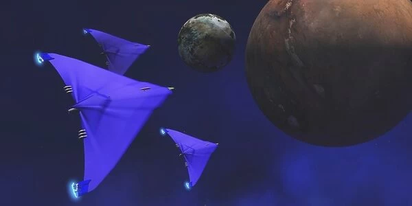 Spaceships fly through space to investigate an alien planet and its moon