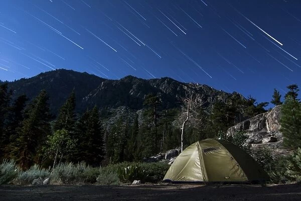 Star trails and a lone tent in the Inyo National Forest, California