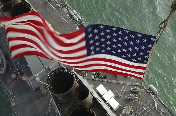 Stars & Stripes flying boldly as seen from the crows nest aboard USS Donald Cook