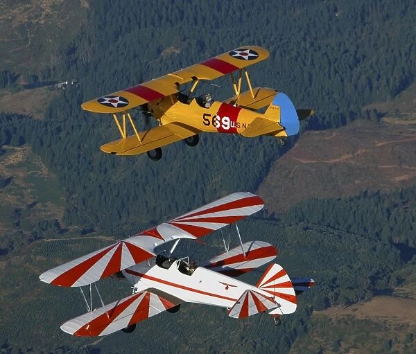 Stearman Model 75 biplanes flying over Vacaville, California