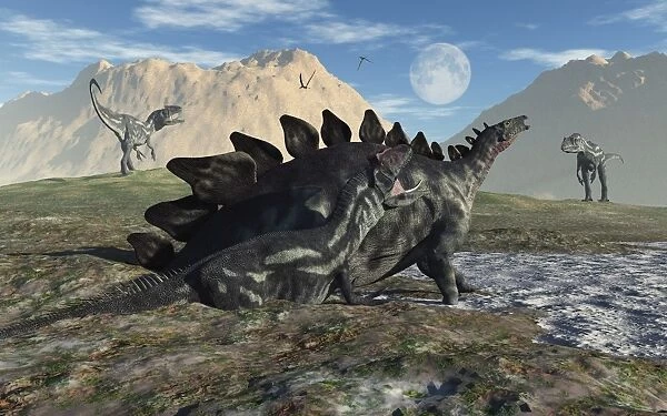 A Stegosaurus and Allosaurus caught in a deadly mud pit