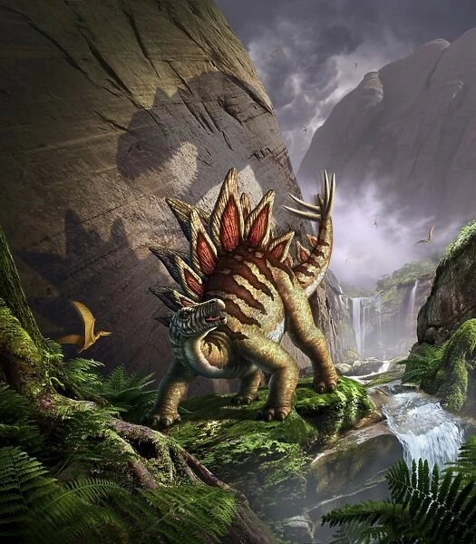 A Stegosaurus is surprised by an Allosaurus while feeding in a lush gorge