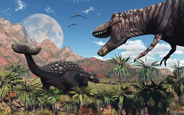 A T. Rex confronts an Ankylosaurus dinosaur