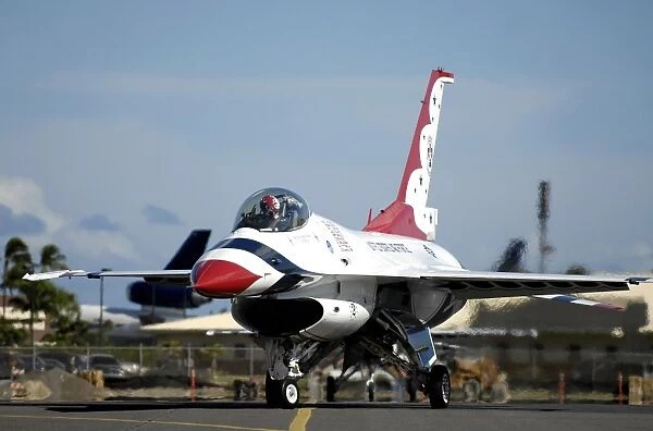 A Thunderbird taxies to its parking spot