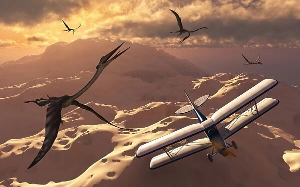 A Tiger Moth biplane passes through a flock of Quetzalcoatlus pterosaurs