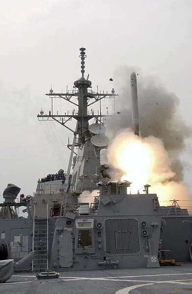 A tomahawk missile launch aboard USS Milius