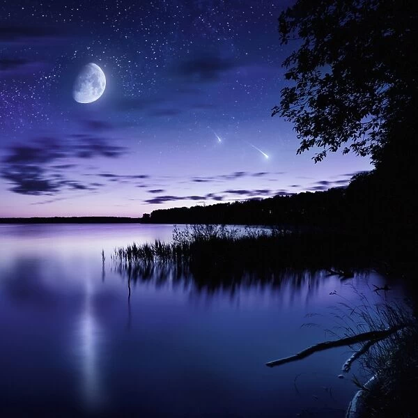 Tranquil lake against starry sky, moon and falling meteorites, Russia
