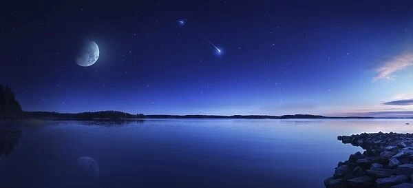 Tranquil lake against starry sky, moon and falling meteorite, Finland