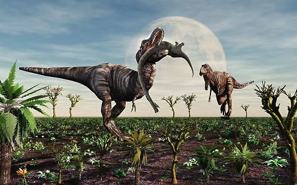 Tyrannosaurus Rex with a freshly killed young sauropod dinosaur